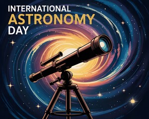 International Astronomy Day: Telescope Gazing at the Cosmos. A vibrant illustration of International Astronomy Day, showcasing a telescope pointed towards a fiery sun.