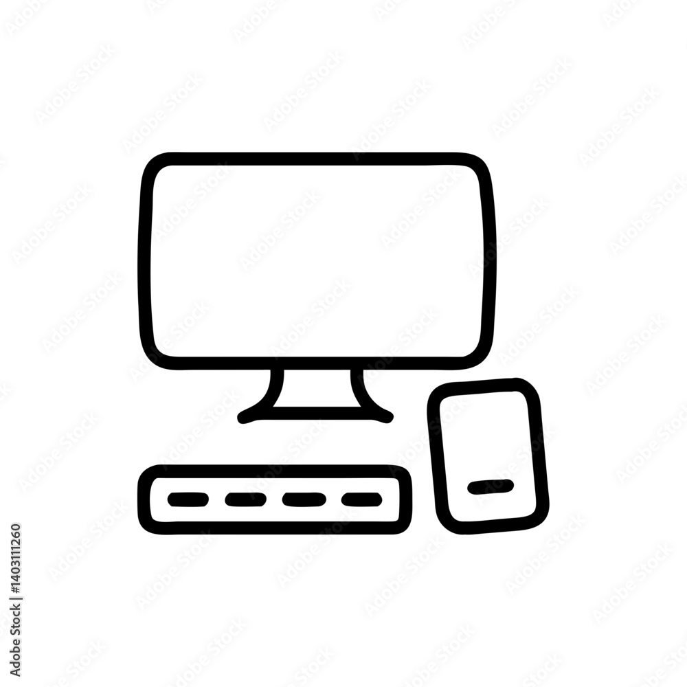 Poster stylized computer monitor keyboard and smartphone line art for tech and digital designs