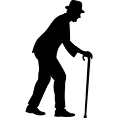 Elegant Silhouette of an Elderly Man with Cane in Vintage Style for Tattoo and Design Inspiration