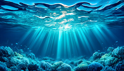 Sunbeams illuminate vibrant coral reef underwater scene