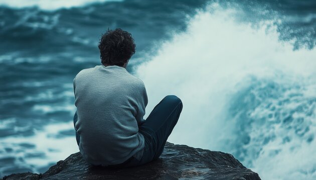 A pensive figure sits on a cliff overlooking a turbulent sea.