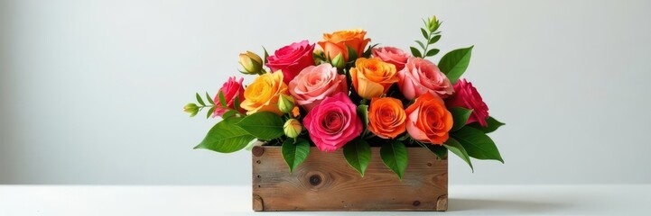 Vibrant bouquet in rustic wooden box on white table, leaf, floral
