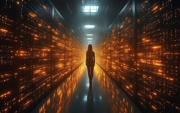 Woman walks through glowing server room. - Powered by Adobe