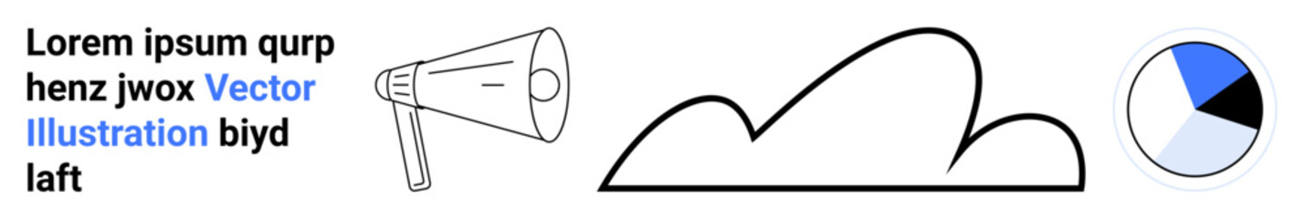 Megaphone for announcements, cloud symbol for storage or network, pie chart for data analysis. Ideal for business, marketing, analytics, technology, communication, cloud computing simple landing