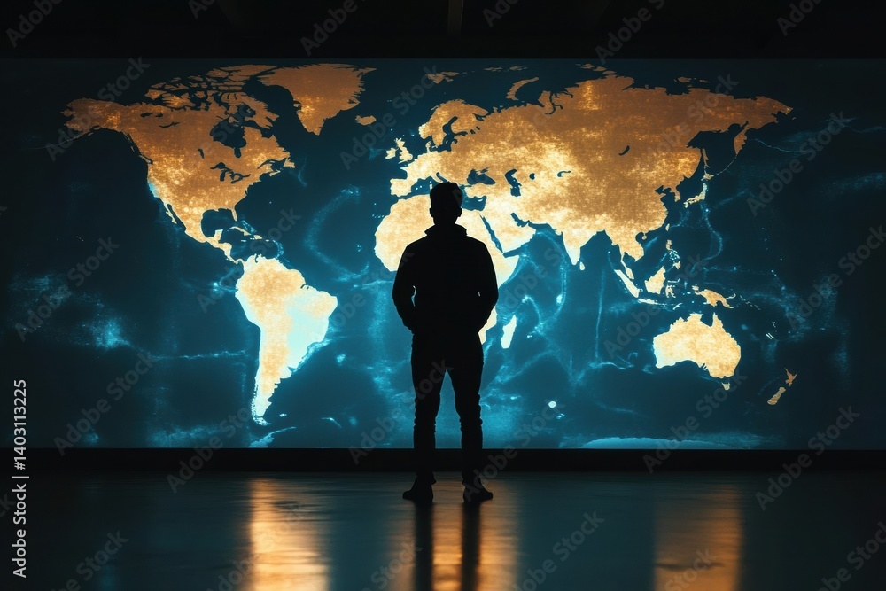 Poster silhouette of a person reflecting on a glowing world map in a dimly lit open space during a contempl