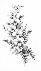 Elegant black and white bouquet of orchids and ferns, vintage artistry