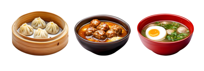 Three food dishes isolated on a white background: steamed dumplings in bamboo steamer, meatballs in red pot, and soup with egg in bowl.