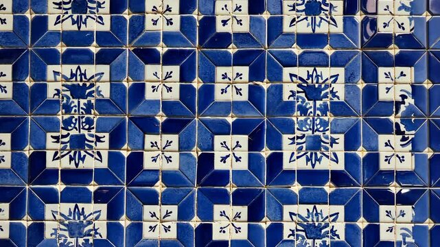 Ornate antique ceramic tiles creating a geometric pattern of blue and white squares, traditional mediterranean style, detailed close up.