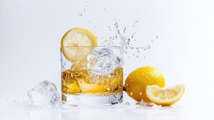 A glass of whiskey or iced tea with lemon slices, ice cubes, and water splash, capturing freshness and vibrancy in this refreshing drink presentation.