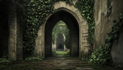 Fototapeta premium An overgrown, stone passageway, shrouded in mystery.