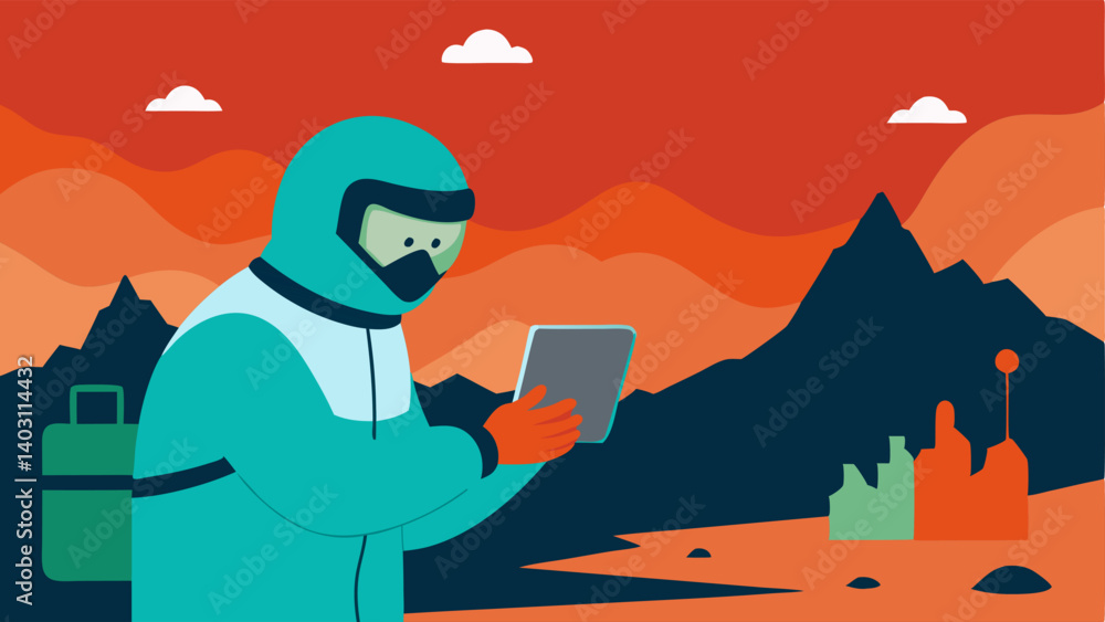 Poster research expedition a scientist in a protective suit using the device in a remote location analyzing
