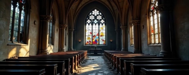 Dark, dilapidated church interior, shattered stained glass, calm, texture