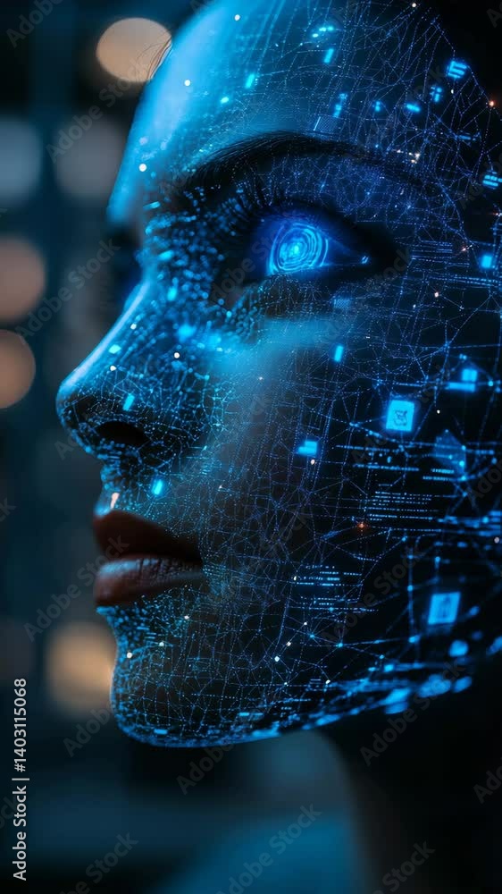 Poster ai humanoid face close up showing data and digital connectivity