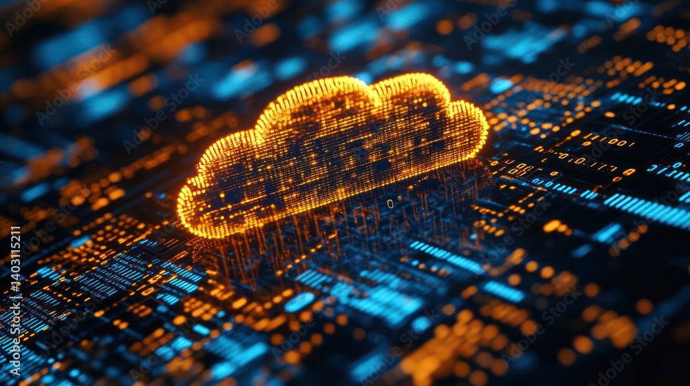 Aufkleber glowing cloud data on circuit board; digital tech background; website banner