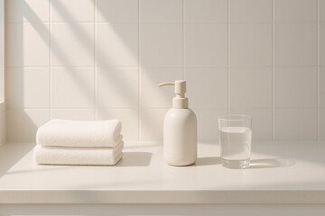 Fototapeta premium Minimalist bathroom countertop with towels and natural light