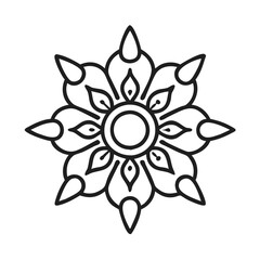Black and white floral pattern with symmetrical petals and circle center graphic element, mandala vector design