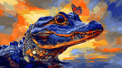 A vibrant painting of a friendly alligator with a butterfly.
