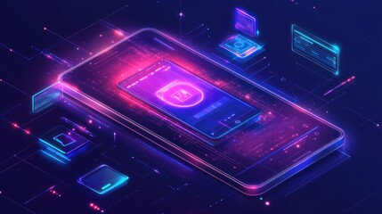 Secure Mobile Payment App, Digital Network, Cybersecurity, Neon Background, Fintech