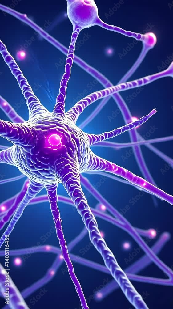 Poster detailed artistic visualization of interconnected nerve cells with a glow effect, highlighting the n