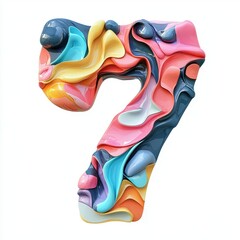 Colorful abstract number seven made of fluid shapes and textures