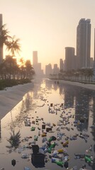 Obraz premium Polluted canal in a modern city at sunrise