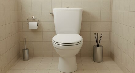 A contemporary bathroom showcasing a pristine white toilet against tiled walls and flooring.