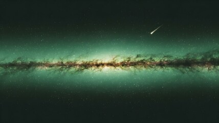 Obraz premium The Milky Way galaxy is depicted with a vibrant glow as a shooting star streaks across the night sky.