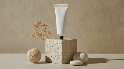 A stylish cosmetic cream tube presented on a stone block, evoking a sense of serenity.