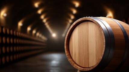 This stunning image captures a wooden wine barrel in a dimly lit cellar, with soft lighting creating a warm ambiance that highlights the barrel's craftsmanship and depth of color.