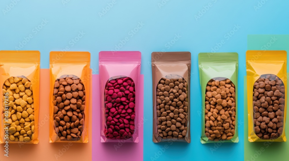 Poster sleek packaging mockups for colorful dry and wet pet food arranged in vibrant rows for an engaging v