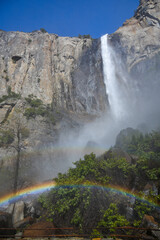 Beautiful double rainbow in front of Bridalveil Falls located in Yosemetie National Park in California