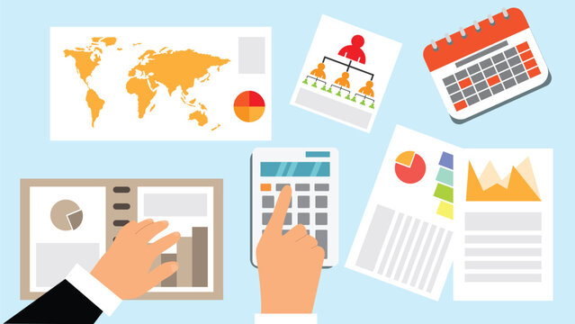 Office Table Top View with Business Man Doing Calculations. Office and white collar work concept vector