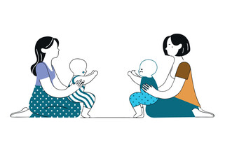 Nurturing Connections: A tender scene depicts two mothers nurturing their babies in an illustration, emphasizing maternal care and the bond of love and protection.