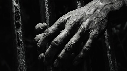 A close-up of a weathered hand gripping a rusty prison bar, symbolizing struggle and confinement.