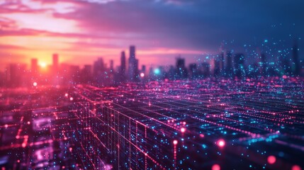 Fototapeta premium Sunset Cityscape, Digital Network, Data Flow, Future Tech, Abstract Background