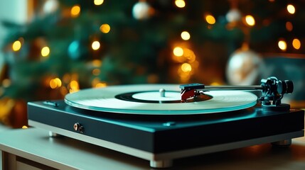 A beautifully styled classic turntable adorned with ambient Christmas lights in the background, creating a warm, festive atmosphere perfect for holiday celebrations.