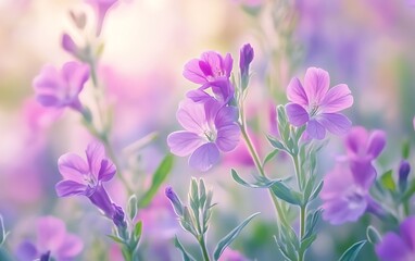 Fototapeta premium Serene Floral Field, Soft Focus Purple Flowers with Gentle Light, Nature Beauty