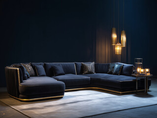 plush corner sofa with metallic trim, dramatic lighting, navy blue background.
