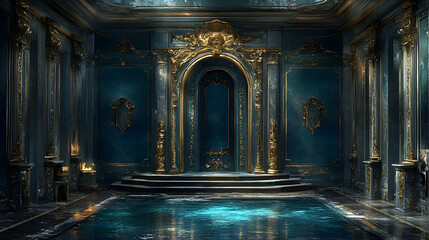 A grand, opulent, and mysterious interior with a dark teal pool.