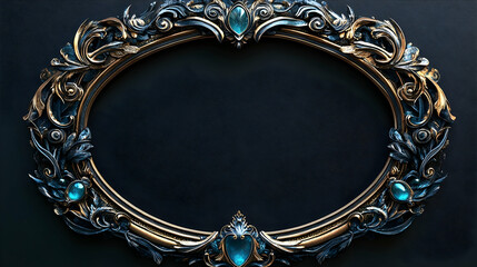 Ornate, oval frame with detailed carvings and teal gems.