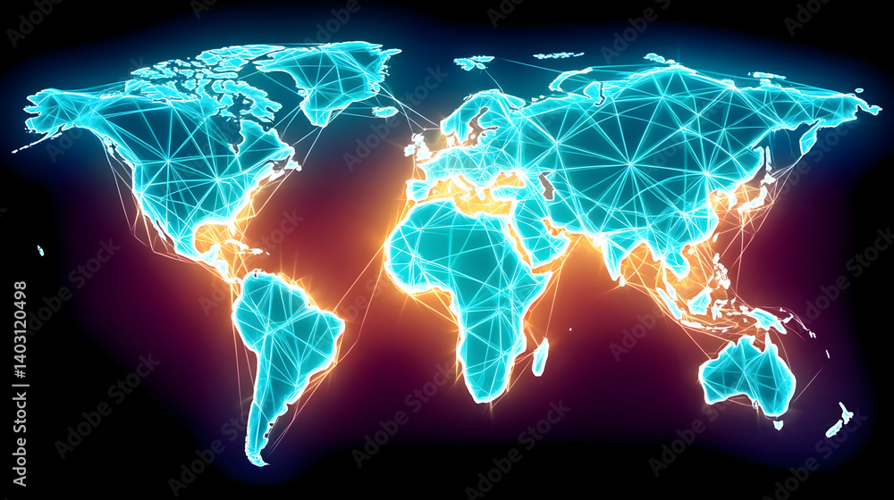Poster global network connections visualized on a glowing world map