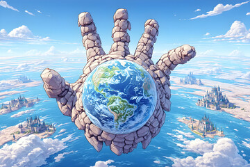 Giant stone hand holding Earth, overlooking fantasy islands