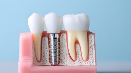 Obraz premium Detailed dental implant model displaying the screw, abutment, and crown seated in a cross-section of gum and bone against a light blue background. 