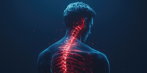 Spine and brain in motion, pain, visualization of global warming, 3D rendering, dark blue background, red glowing lines on the spine and back of the head.