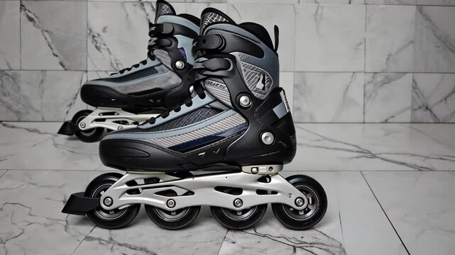 Pair of inline skates with black, gray, and silver design on a marble surface, ready for outdoor fitness and recreation