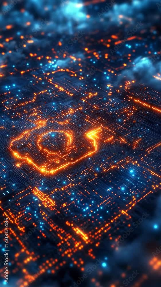 Poster electronic circuit board with glowing data signals moving information fast