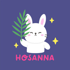 Cute White Bunny Holding Palm Leaf with Hosanna Text
