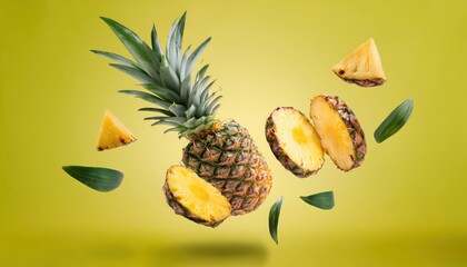 Pineapple Whole and Sliced with Leaves Floating on Yellow Background Zero Gravity Fresh Fruit Concept