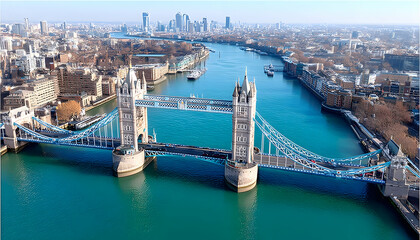 Panoramic view of iconic bridge, cityscape, and river
