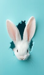 Obraz premium Cute White Rabbit Peeking Through Ripped Light Blue Paper Background Head and Ears